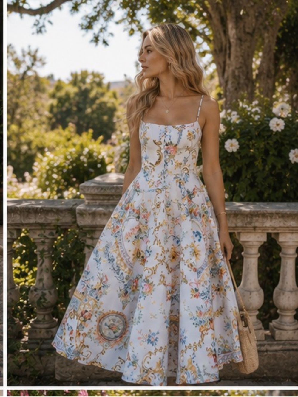 Camilla White Floral-Print Midi Dress with Spaghetti Straps